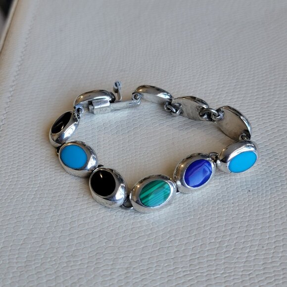 Taxco Sterling Bracelet Vintage Natural Stone Turquoise Malachite Onyx Lapis - Picture 5 of 6